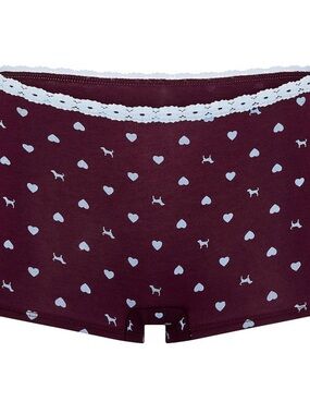 PINK Victoria's Secret Burgundy Boyshorts with Light Blue Hearts & Puppy Print